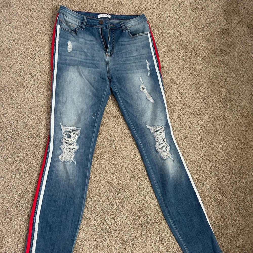 Cello Blue Distressed Skinny Jeans with Red and White Stripes